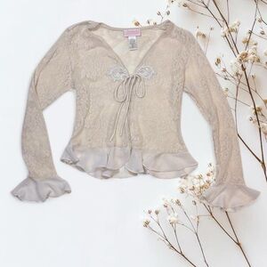 LUCIE ANN Sheer Cream Floral Lace Cardigan with Flared Bell Sleeves